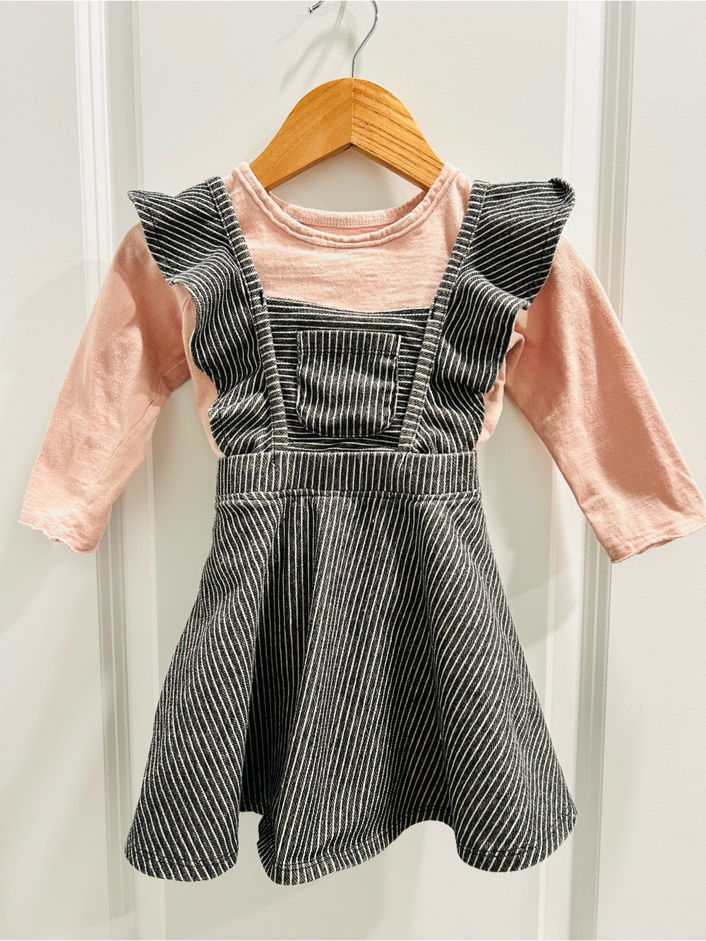 Pink Top with Black Pinstripe Ruffle Pinafore